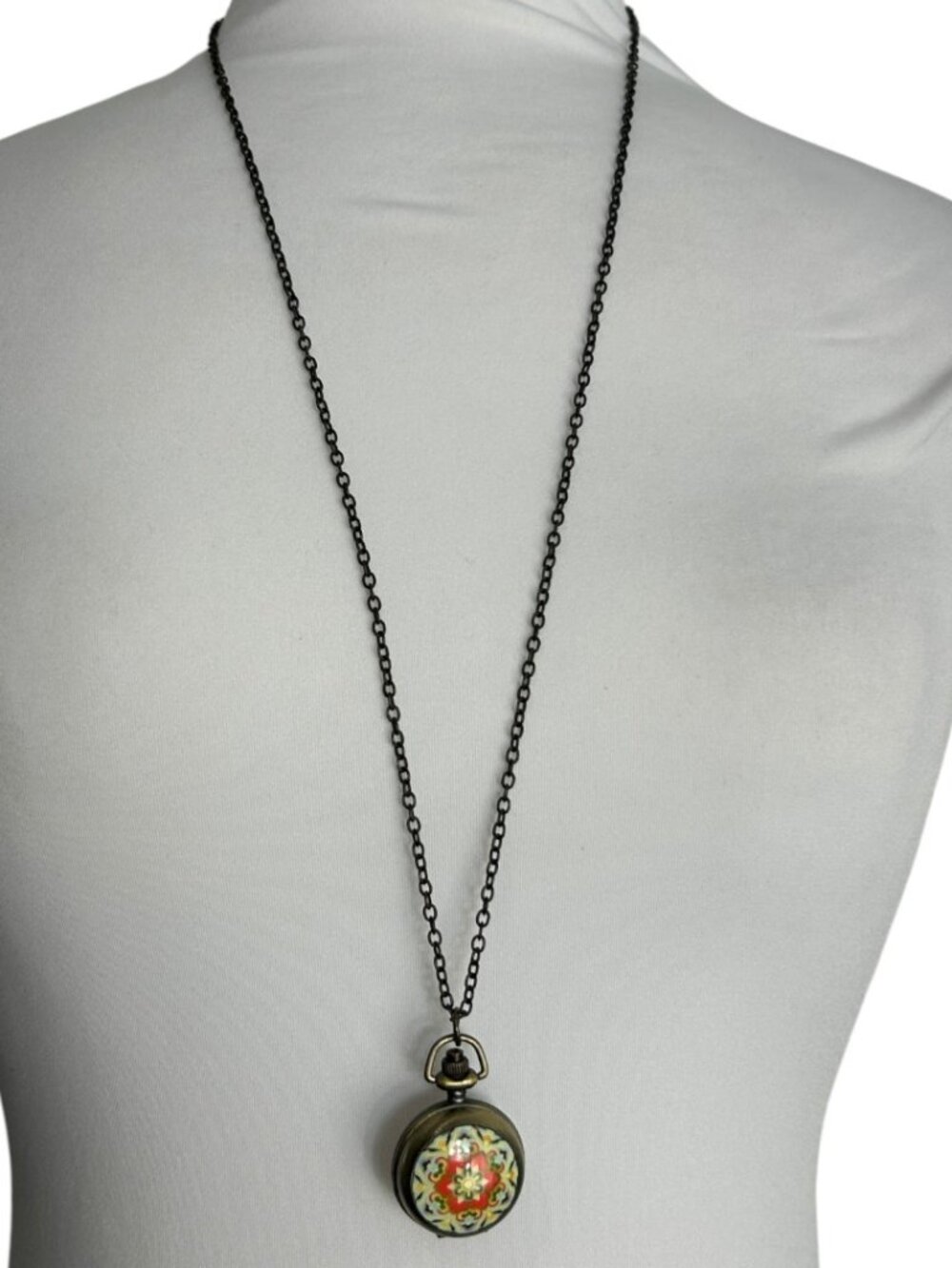 Bronze Tone Pocket Watch Necklace Locket Chain Steampunk Mandela Pattern